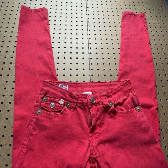 True Religion Joey Super T Stitch Jeans Womens Size 28x29 Red Skinny USA Made - Picture 5 of 13